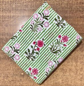 Green and White Sanganeri Hand Block Printed Pure Cotton Fabric with floral print