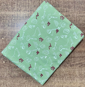 Green and Maroon Sanganeri Hand Block Printed Pure Cotton Fabric with musical instrument and Devnagri print