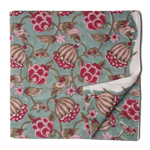 Green and Red Sanganeri Hand Block Printed Cotton Fabric with floral design