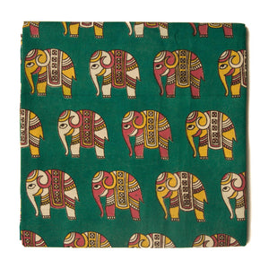 Green and pink Kalamkari Screen Printed Cotton Fabric with elephant print