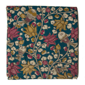 Blue and pink Kalamkari Screen Printed Cotton Fabric with floral and fish design