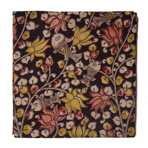 Black and yellow Kalamkari Screen Printed Cotton Fabric with floral and fish design