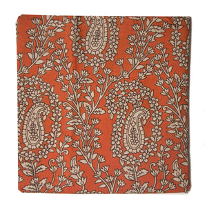 Orange and off white Kalamkari Screen Printed Cotton Fabric with floral and paisley design