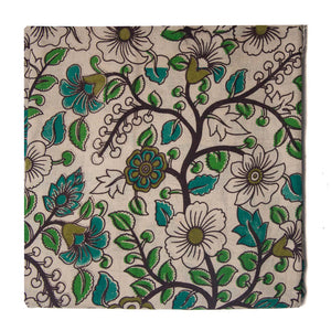 Green and Off White Kalamkari Screen Printed Cotton Fabric with floral  design