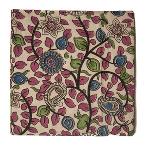 Pink and Off white Kalamkari Screen Printed Cotton Fabric with floral  design