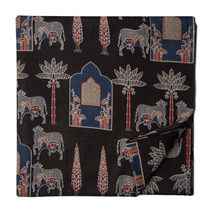 Blue and Black Printed Cotton Fabric with Bull print