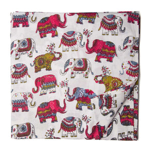 Multicolour Red and Blue Screen Printed Pure cotton fabric with elephant design