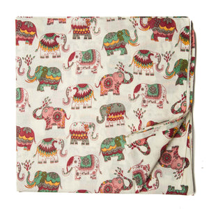 Multicolour Red and Blue Screen Printed Pure cotton fabric with elephant design