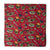 Red screen printed cotton fabric with musical instruments design