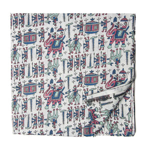 Pink and blue screen printed cotton fabric with man with animal design