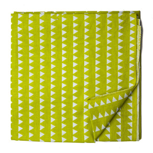Green and white pure cotton screen printed fabric with triangle print