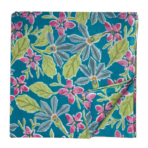 Blue and Pink Printed Cotton Fabric with floral design
