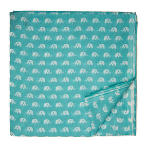 Off White and Blue Screen printed pure cotton fabrics with elephant animal print