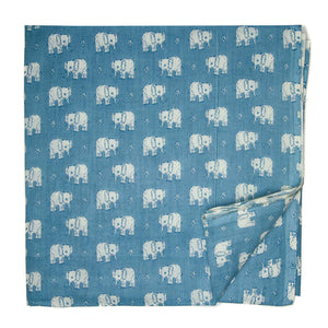 Off White and Blue Screen printed pure cotton fabrics with elephant animal print