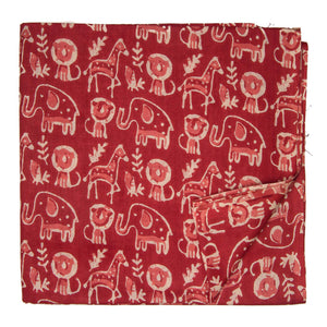 Off White and red Screen printed pure cotton fabrics with elephant, lion and giraffe animal print