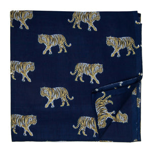 Blue and yellow Screen printed pure cotton fabrics with tiger animal print
