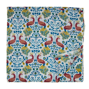 Blue and Maroon Screen printed Pure Cotton Fabric with peacock bird print
