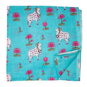 Pink and Blue Screen printed Pure Cotton Fabric with bull animal print