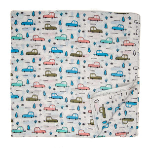 Blue and Green Screen printed Pure Cotton Fabric with car print