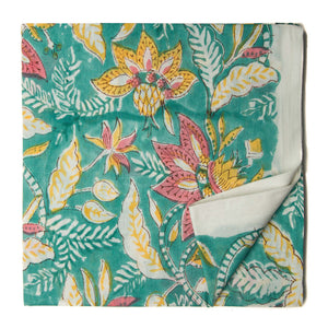 Green and yellow Sanganeri Hand Block Printed Cotton Fabric with floral print