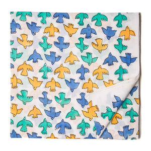 Yellow and blue Sanganeri Hand Block Printed Cotton Fabric with bird print
