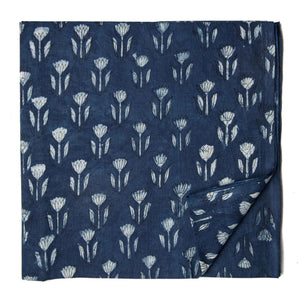 White and blue Sanganeri Hand Block Printed Cotton Fabric with floral print