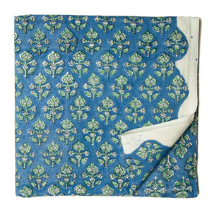 Blue and Green Sanganeri Hand Block Printed Cotton Fabric with floral design
