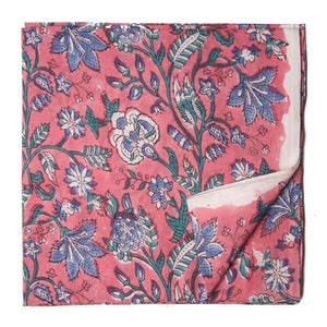 Blue and Pink Sanganeri Hand Block Printed Cotton Fabric with floral design