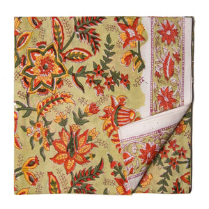 Red and Green Sanganeri Hand Block Printed Cotton Fabric with floral design