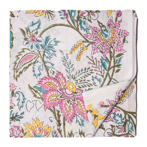 Pink and White Sanganeri Hand Block Printed Cotton Fabric with floral design