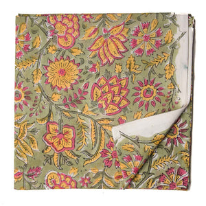 Green and Yellow Sanganeri Hand Block Printed Cotton Fabric with floral design