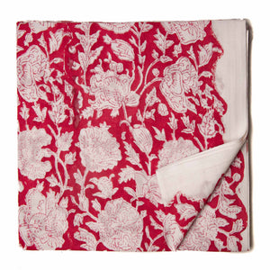Red and White Sanganeri Hand Block Printed Cotton Fabric with floral design
