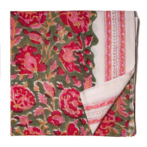 Green and Red Sanganeri Hand Block Printed Cotton Fabric with floral design