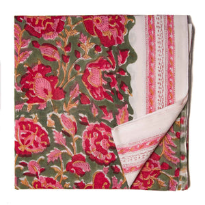 Green and Red Sanganeri Hand Block Printed Cotton Fabric with floral design
