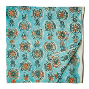 Blue and Orange Sanganeri Hand Block Printed Cotton Fabric with floral design