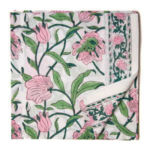 Pink and Green Sanganeri Hand Block Printed Cotton Fabric with floral design