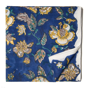 Blue and yellow Sanganeri Hand Block Printed Cotton Fabric  with floral print