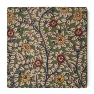Green floral Kalamkari Screen Printed Cotton Fabric 