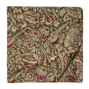 Green Kalamkari Handblock Printed Cotton fabric with musical instruments print