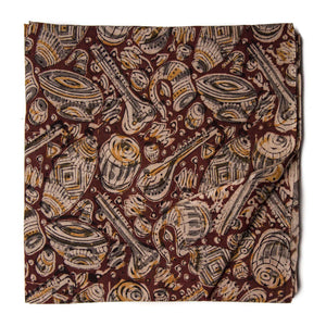 Brown Kalamkari Handblock Printed Cotton fabric with musical instruments print