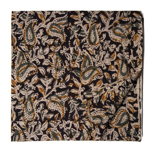 Black Kalamkari Handblock Printed Cotton fabric with paisley print