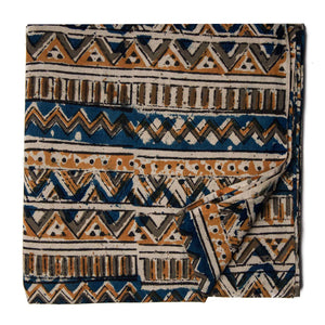 Blue and Yellow Kalamkari Handblock Printed Cotton fabric with geometrical print