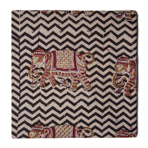 Black and Off White Kalamkari Handblock Printed Cotton fabric with elephant print