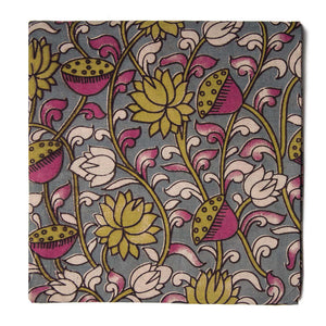 Grey and Pink Screen Printed Kalamkari Cotton Fabric with Floral print