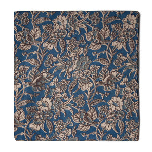 Blue Screen Printed Kalamkari Cotton Fabric with Floral print