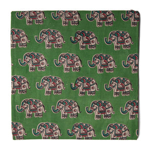Green Screen Printed Kalamkari Cotton Fabric with Elephant print