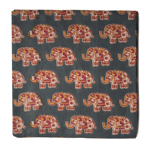 Grey and Yellow Screen Printed Kalamkari Cotton Fabric with Elephant print