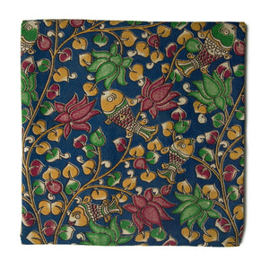 Multicolor Kalamkari Screen Printed Cotton Fabric with floral and fish print