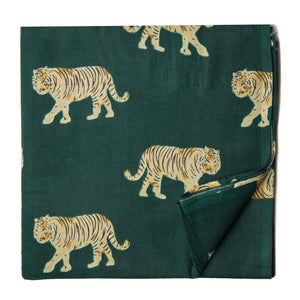 Green and Yellow Printed Cotton Fabric with Tiger design 