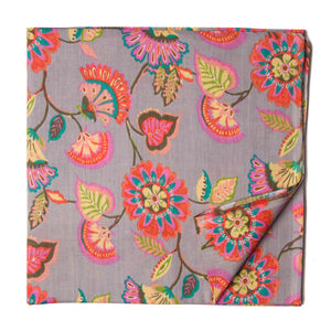Grey and Orange Printed cotton fabric with floral print